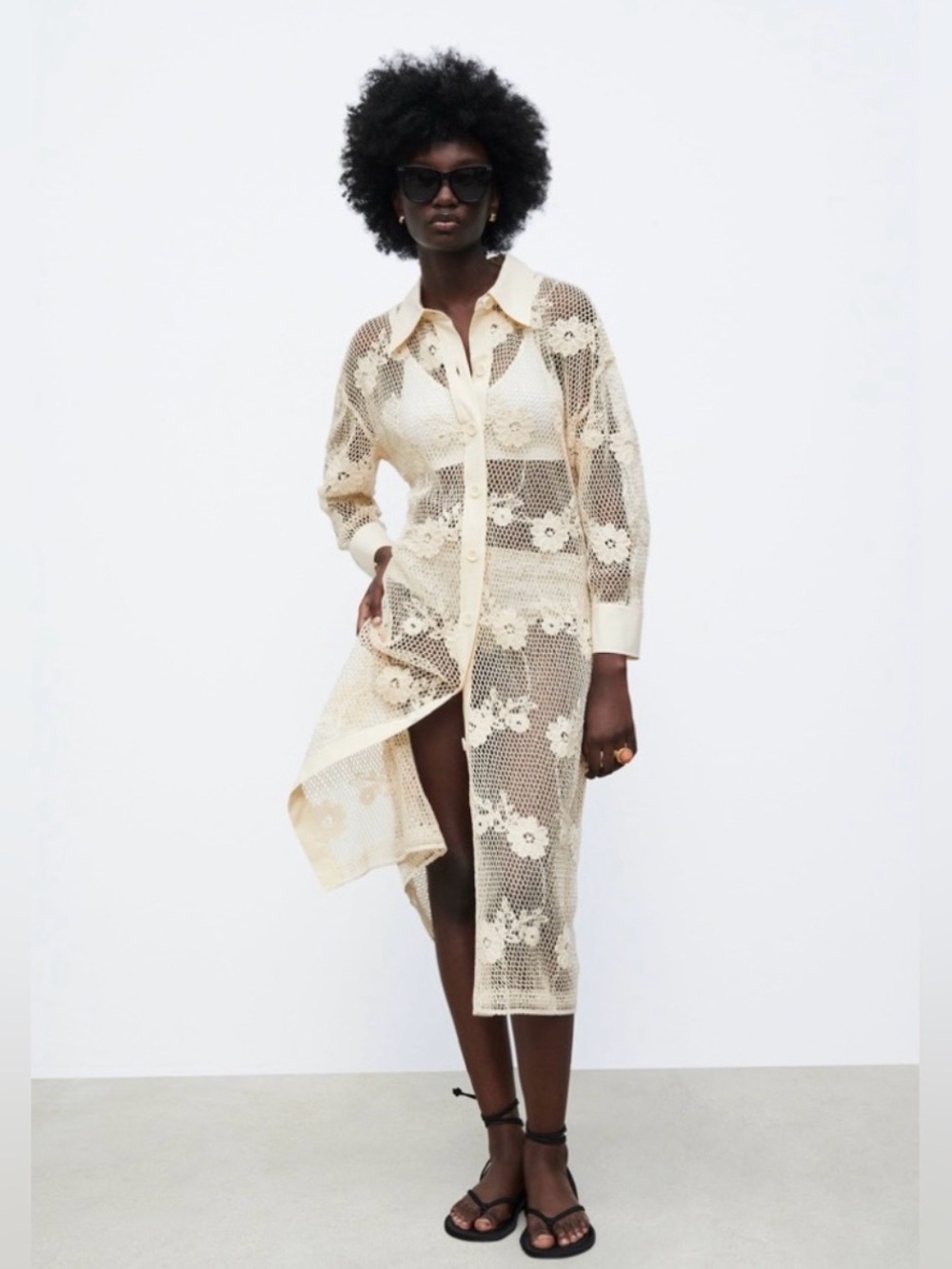Zara Crochet Floral Shirt Dress – NWT – Size L